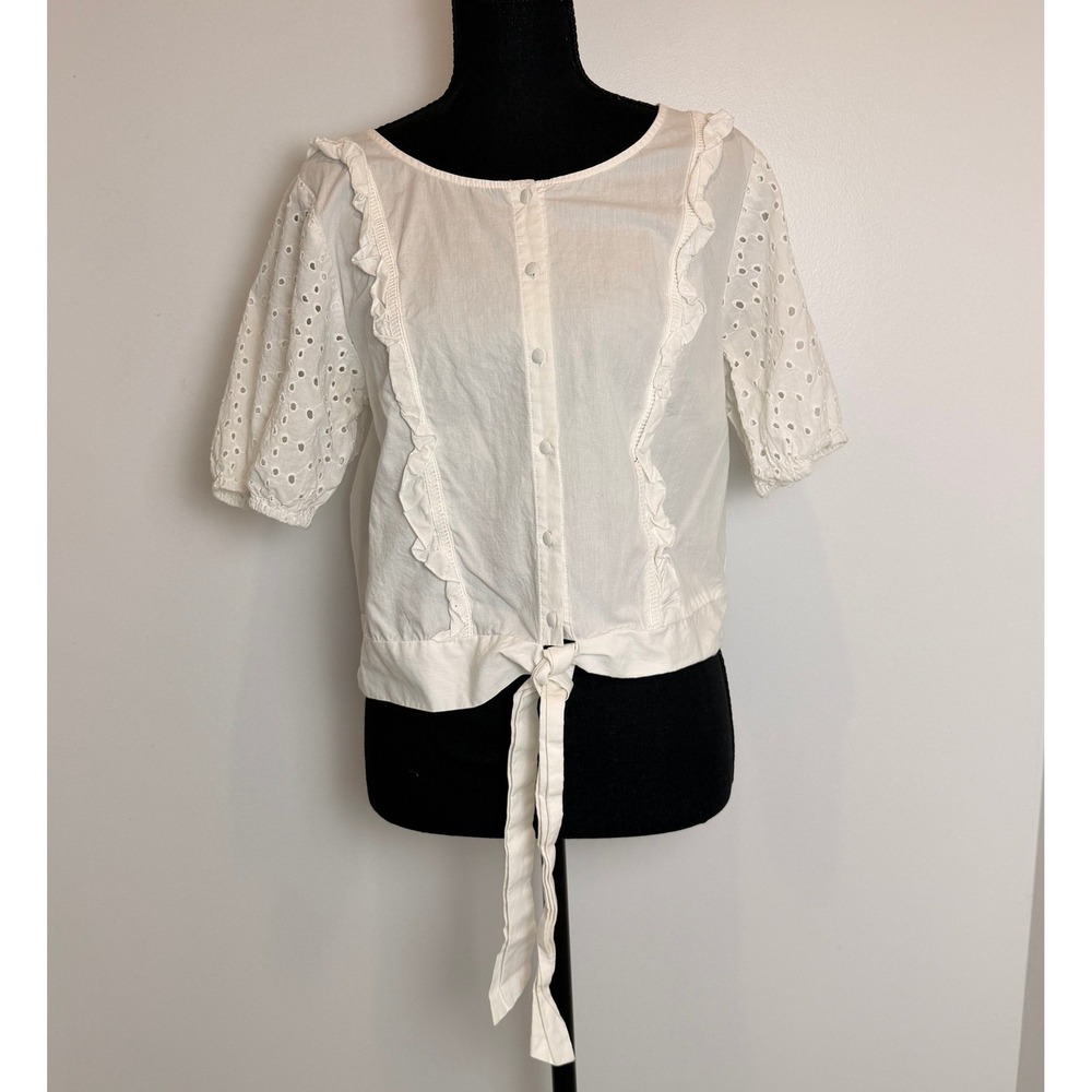 Cotton Eyelet Puff Sleeve Blouse Coquette Cottagecore Romantic Ruffle Details M